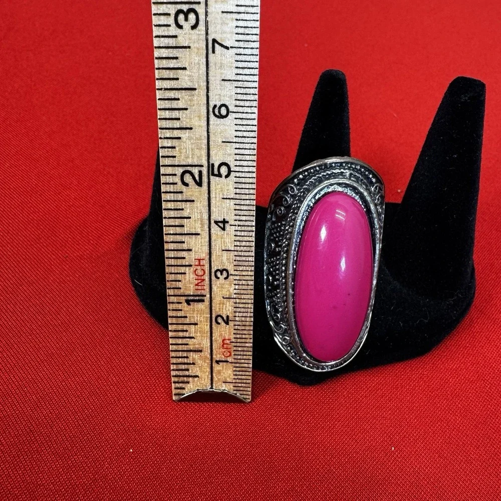 Chunky Silvertone Adjustable Ring With Large Faux‎ Pink Stone
